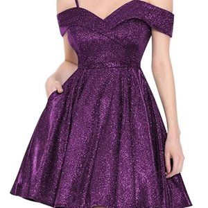 Smileven Sparkly Purple Off-Shoulder Short Formal Dress, Size 12